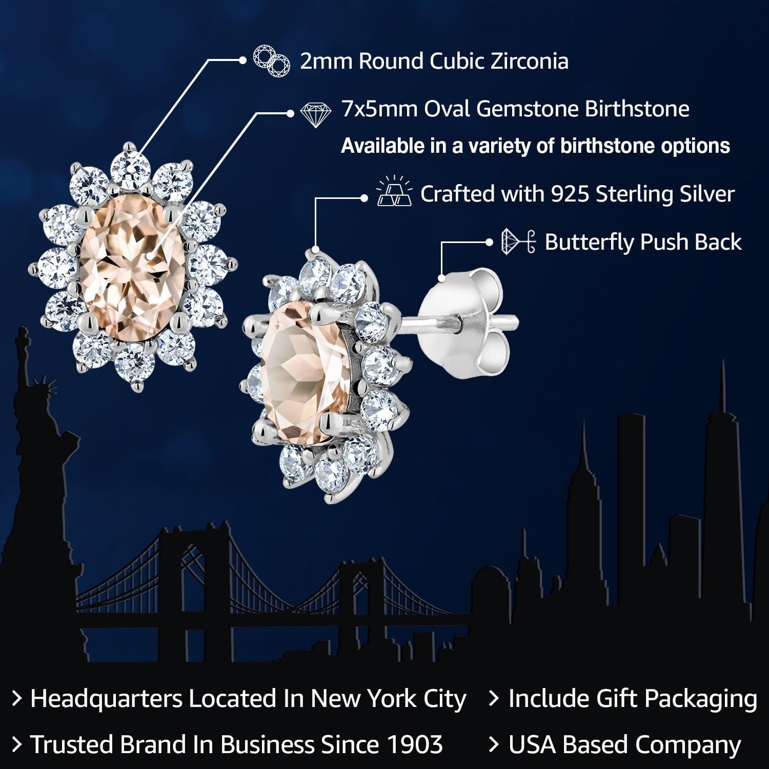 Gem Stone King 7X5MM Oval Gemstone Birthstone Stud Earrings For Women | Princess Diana Royal Halo Style | 925 Sterling Silver | Fine Jewelry Gifts for Anniversary Wedding Her Mom Women Wife - Image 2