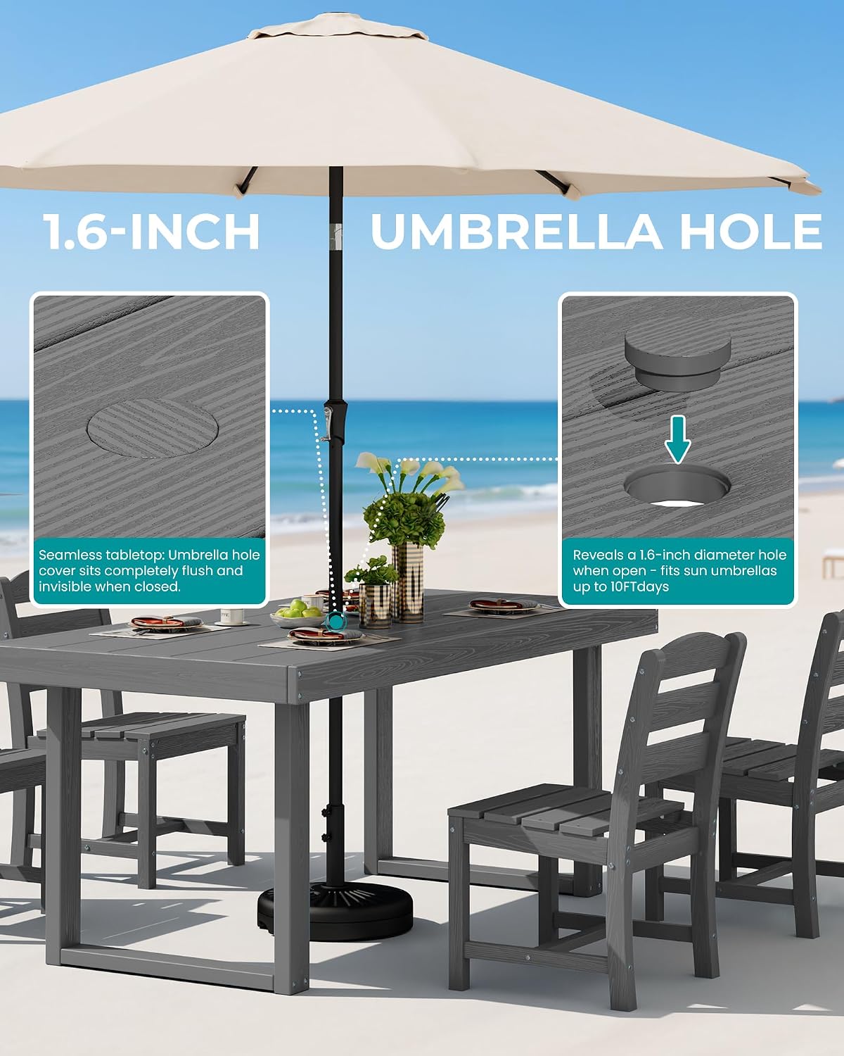 SERWALL HDPE Outdoor Dining Set for 4, 67'' All Weather Patio Dining Table and Armless Chairs Set for Deck, Lawn, Gray