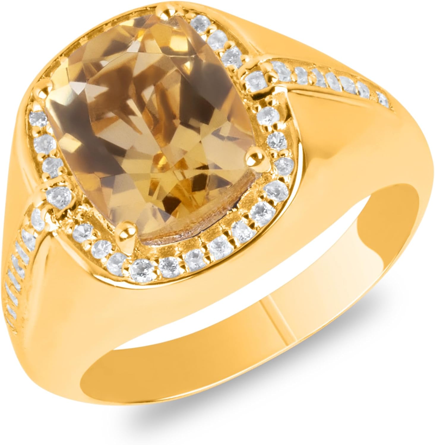 MAX + STONE Big 5 Carat Cushion Cut Gemstone Ring with White Sapphire Halo | 14k Gold over Silver Ring with Anti-Tarnishing & Hypoallergenic Properties in Size 7