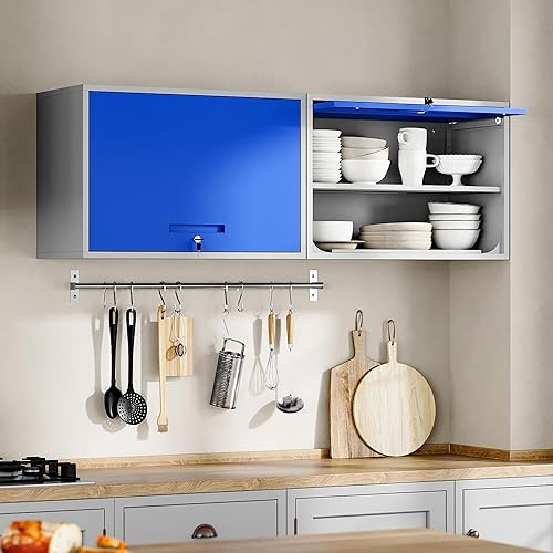 Vista 22 de Yizosh Armario de garaje de metal con puertas, armario de almacenamiento montado en la pared, gabinete de herramientas flotante para sótano, cocina