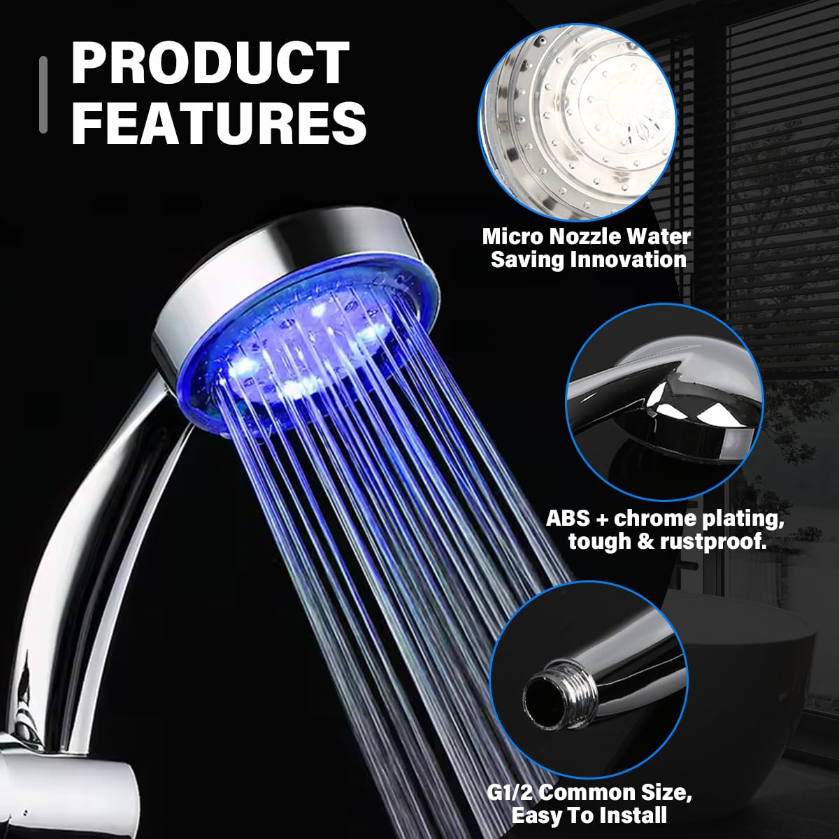 JINYOMFLY LED Shower Head, High Pressure Water Saving Shower Head 7 Colour LED Changing Portable Handheld Shower Head - Image 4