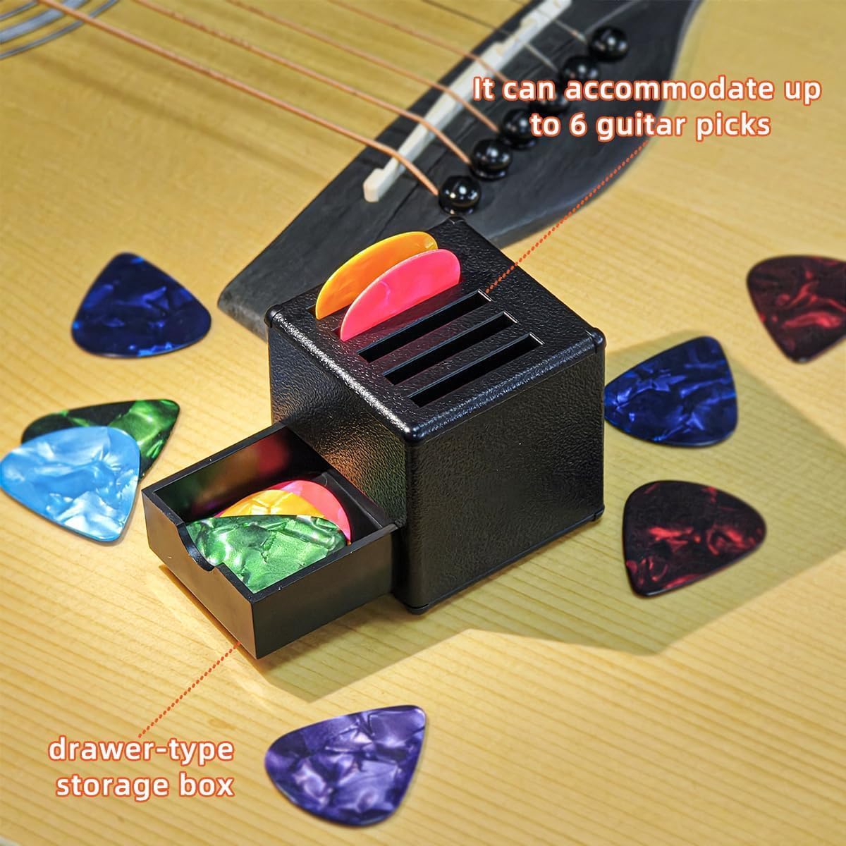 Guitar Picks Holder Box, Guitar Pick Display Case, Amp Pick Holder with 5 Guitar Picks (Random Colors), Guitar Pick Box for Guitar, Bass, Ukulele