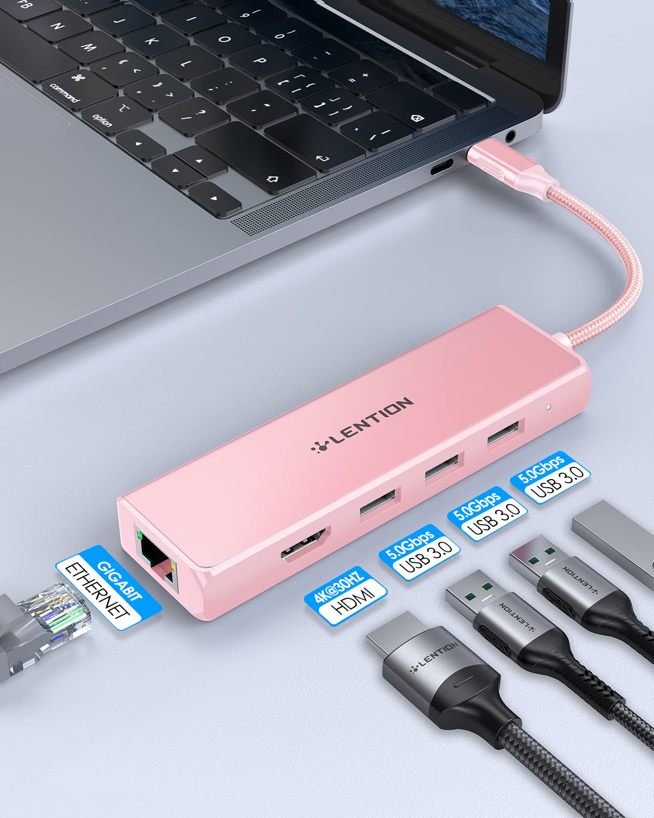 LENTION Hub USB C a HDMI 4K, Ethernet 1000M, 3 Dongle USB 3.0, Adattatore per 2023-2016 MacBook Pro M2 M1, Nuovo Mac Air, iPhone 15 Plus Pro Max, Surface Pro 9, Chromebook (C25, Oro Rosa)