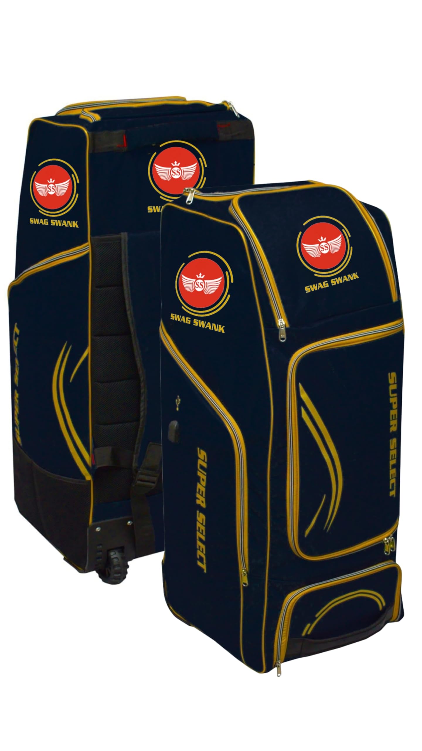 Swag Swank Super Select Cricket Kit Bag, Black with Gold Trim, Large Wheeled Equipment Duffle
