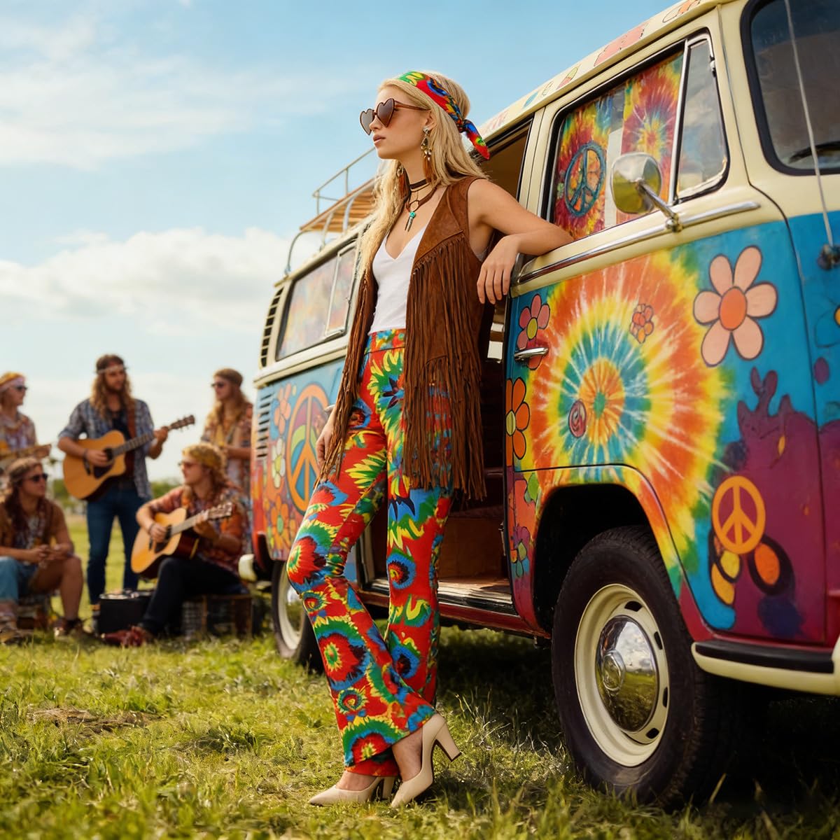 Generico BITOYO Costume Carnevale Donna Hippie Anni 70, Gilet con Frange, Pantalone a Zampa, Occhiali da Sole, Collana, Bracciali e Fascia per Feste a Tema Carnevale