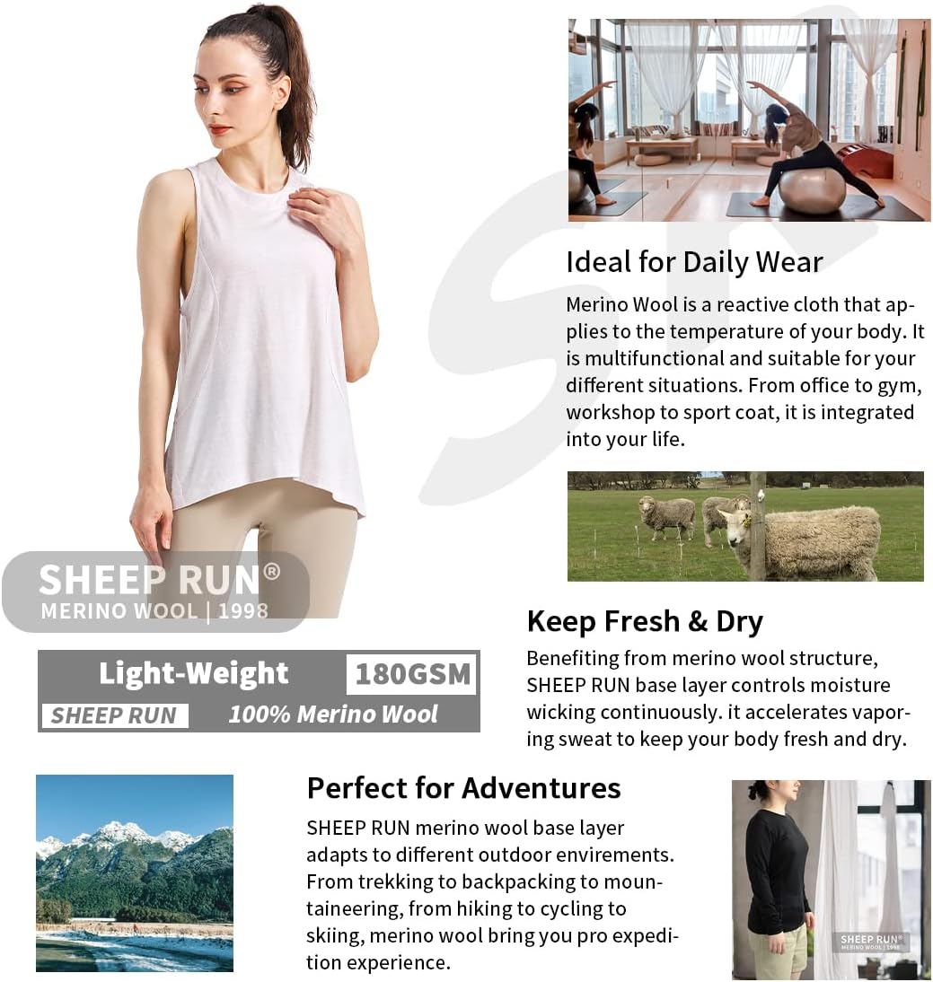 SHEEP RUN Merino Wool Tank Top Casual Yoga Shirt Wicking Breathable Light-Weight Shirt