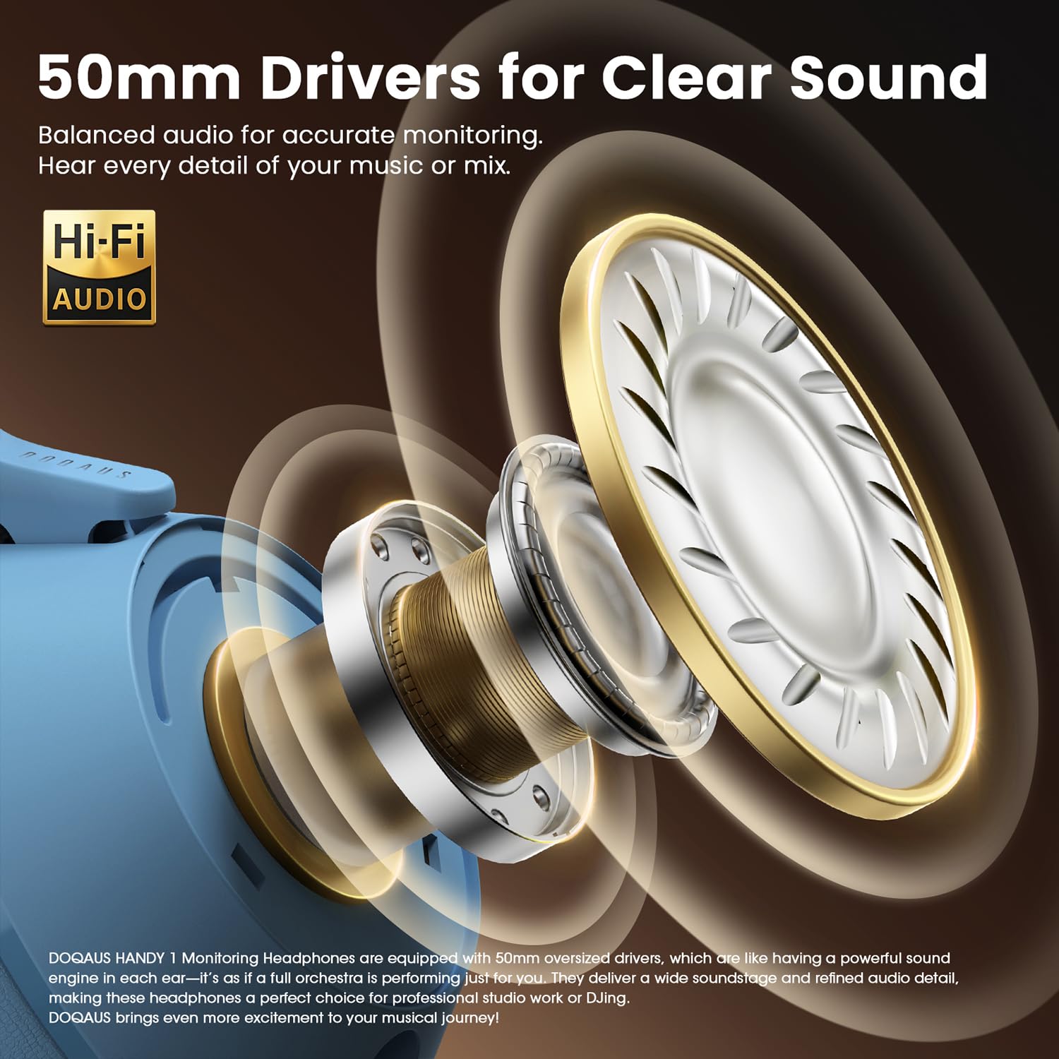 DOQAUS Audífonos profesionales con cable para monitor de estudio para grabación y mezcla de música, auriculares estéreo de 50 mm con conector dual para guitarra eléctrica, teclado, piano, portátil
