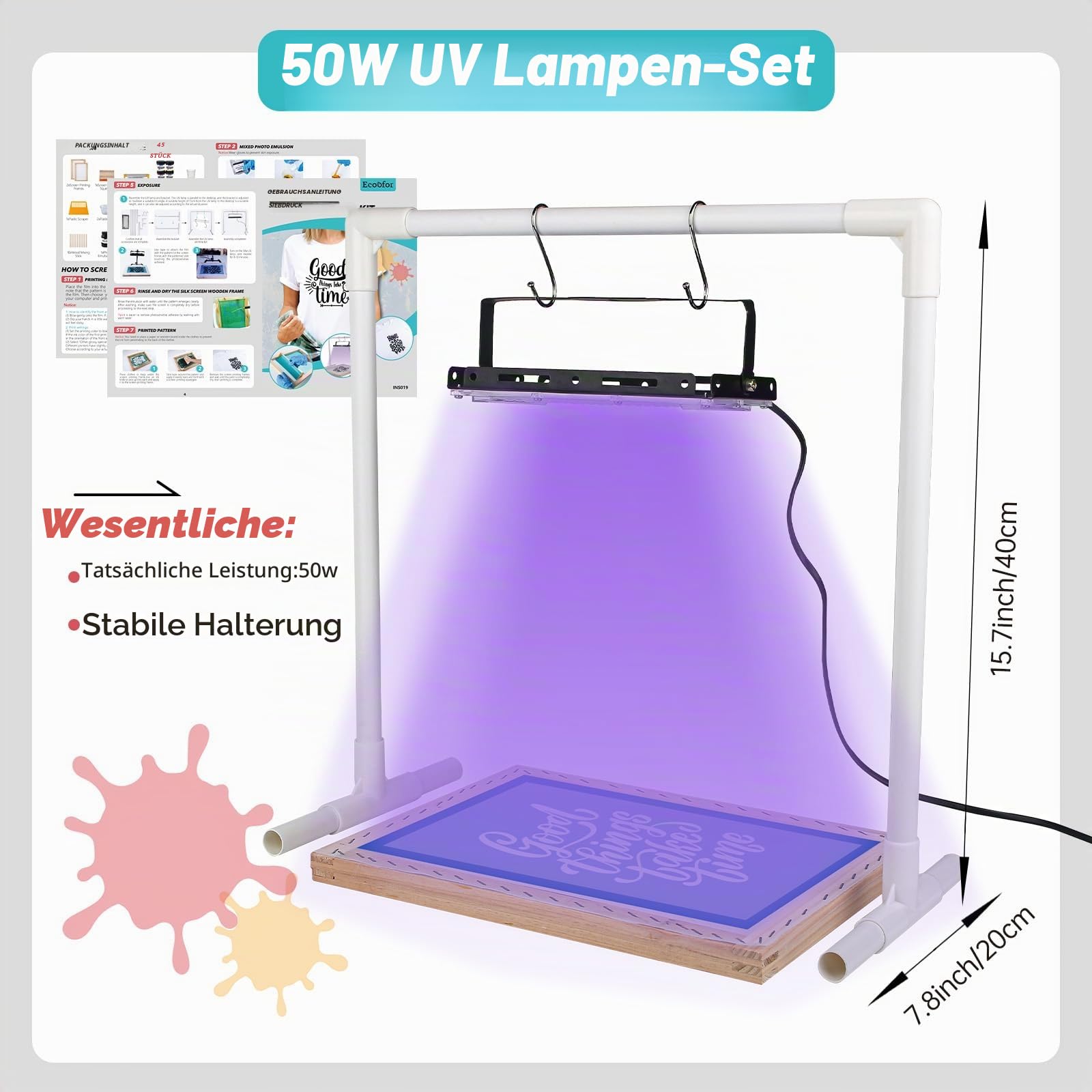 Ecoofor 47-teiliges Siebdruck-Set mit 50W UV-Lampe, Holzrahmen 2 Größen, 4 Farben, 10 A4 Folien