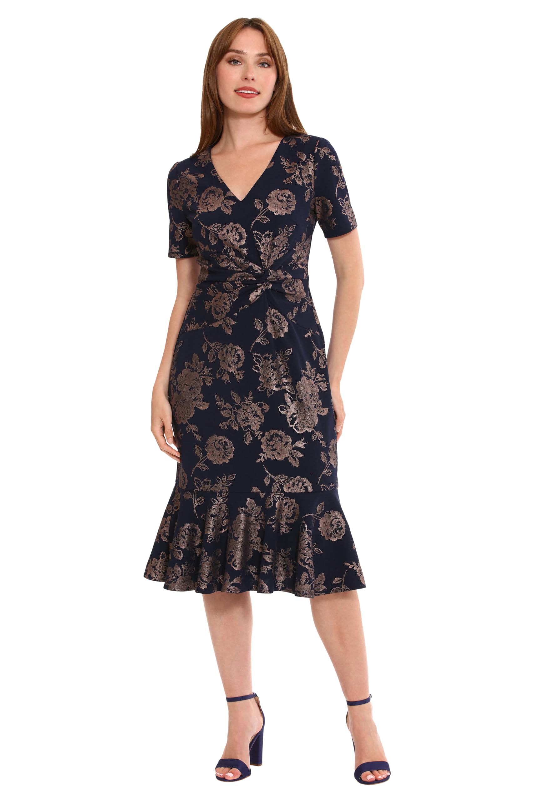 London Times Women's V-Neck Dress - Flounce Hem, Twist Waist, Elegant Office &amp; Event Wear
