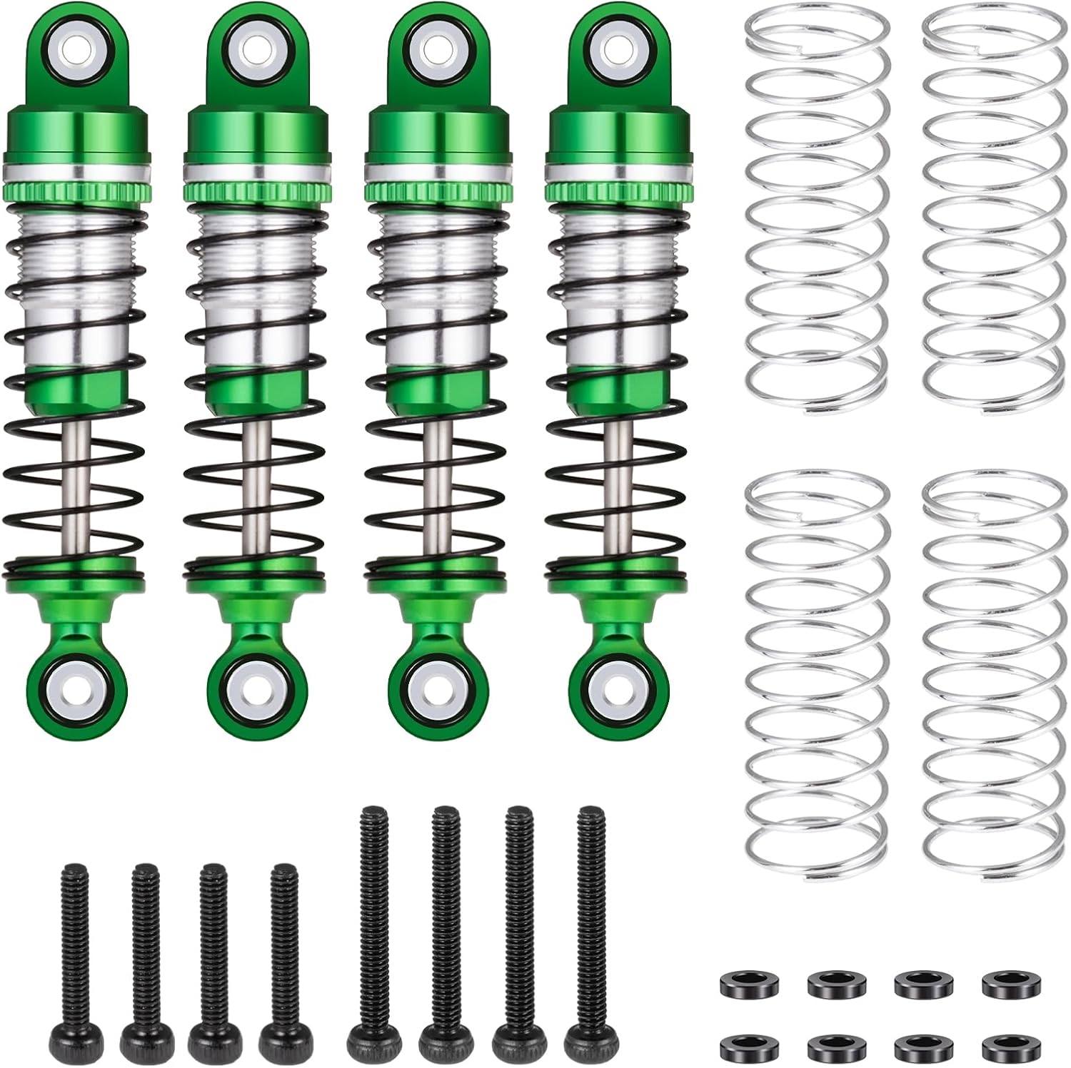 4Pcs JGGZONE All Aluminum Front & Rear Shocks Assembled Threaded Oil-Filled Damper Shocks with Spring for 1/18 RC Crawler FMS FCX18 LC80 Upgrade (Green)