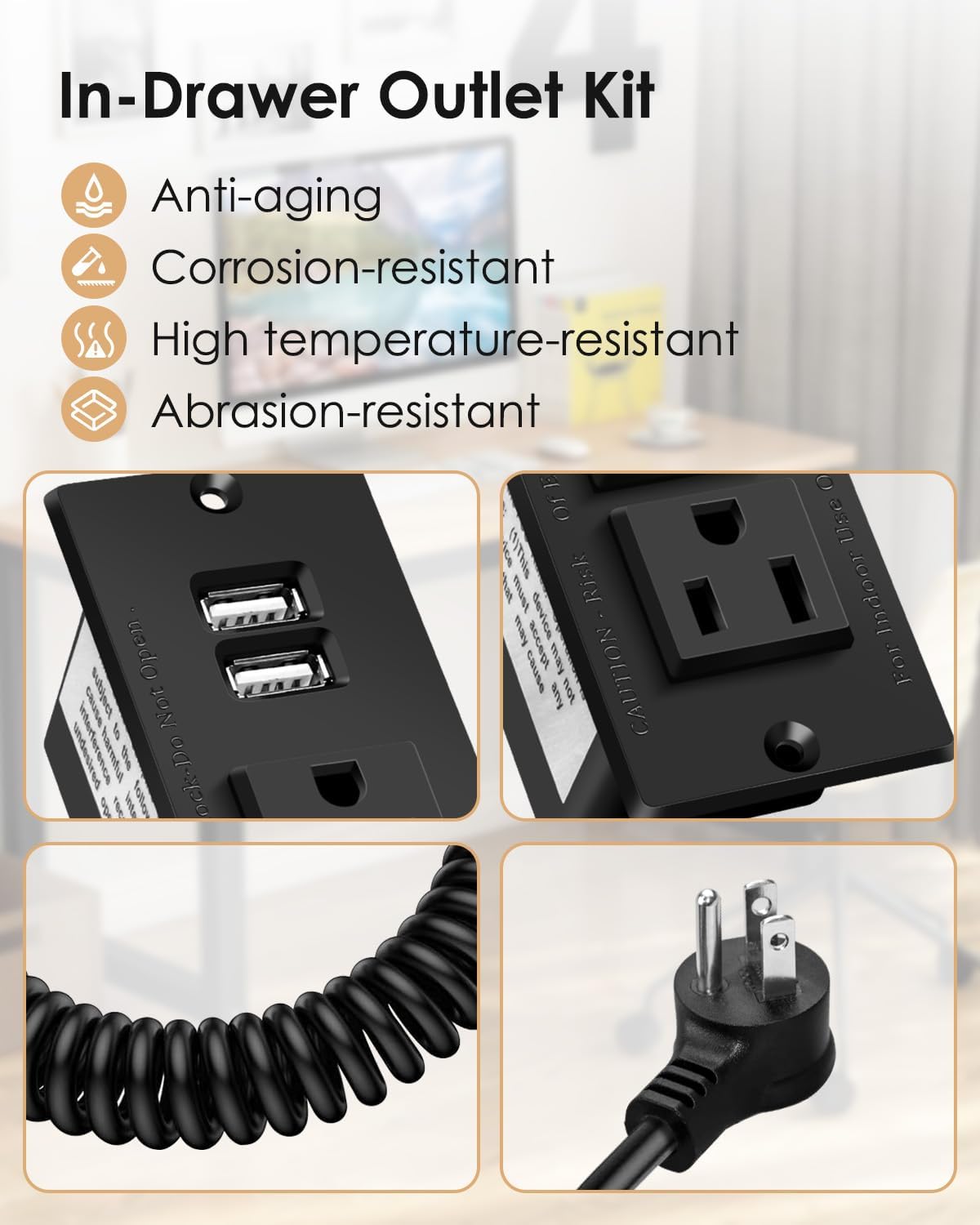 in Drawer Outlet with 2 12A AC Outlets & 2 10W USB-A, Drawer Outlet Kit for Bathroom Kitchen Bedroom Vanity Nightstand Offices, Black Drawer Outlet