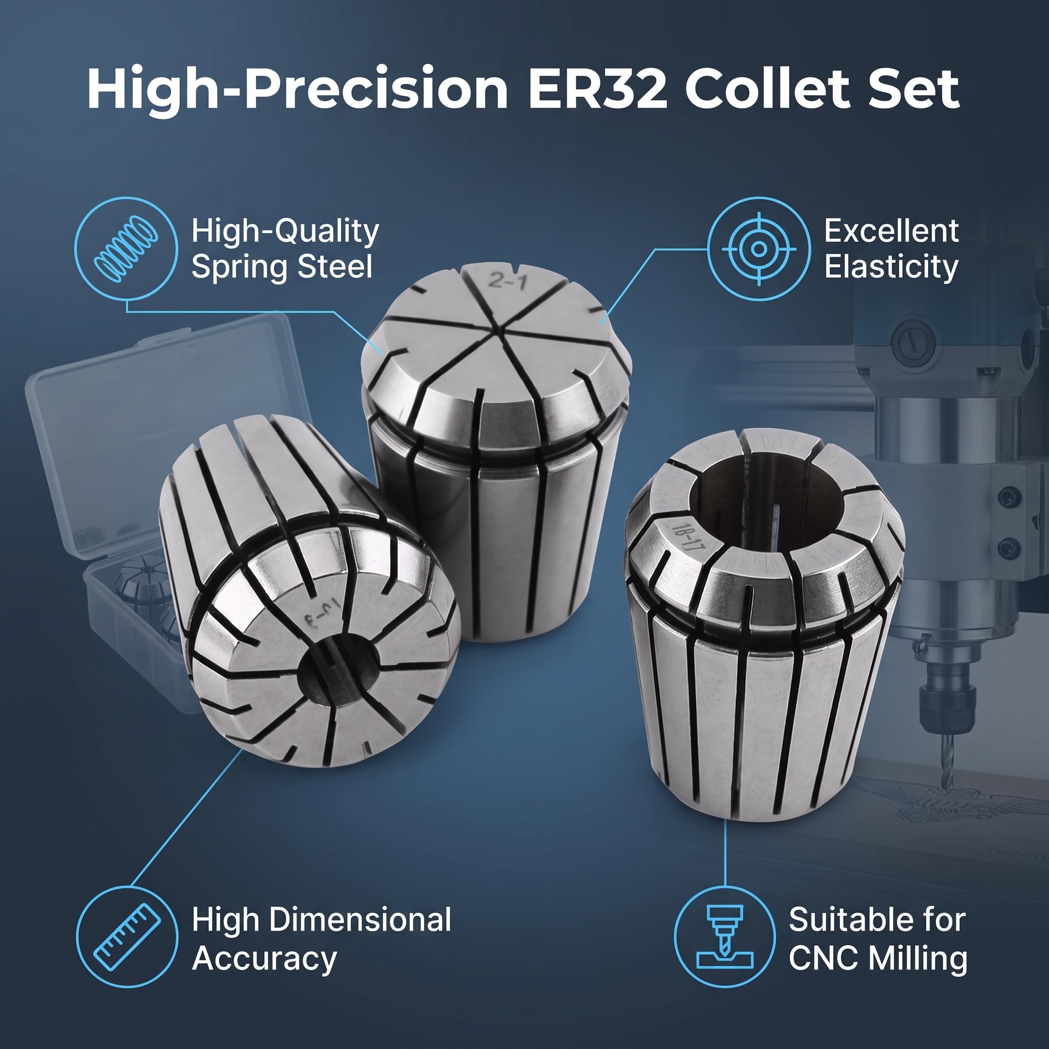 Set di Pinze per Router ER32 9 Pezzi, Portautensili a Molla 2-20 mm, Acciaio 65Mn, Tolleranza <0,008 mm, per Macchine CNC e Torni, Accessori per Fresatura e Incisione Metallo