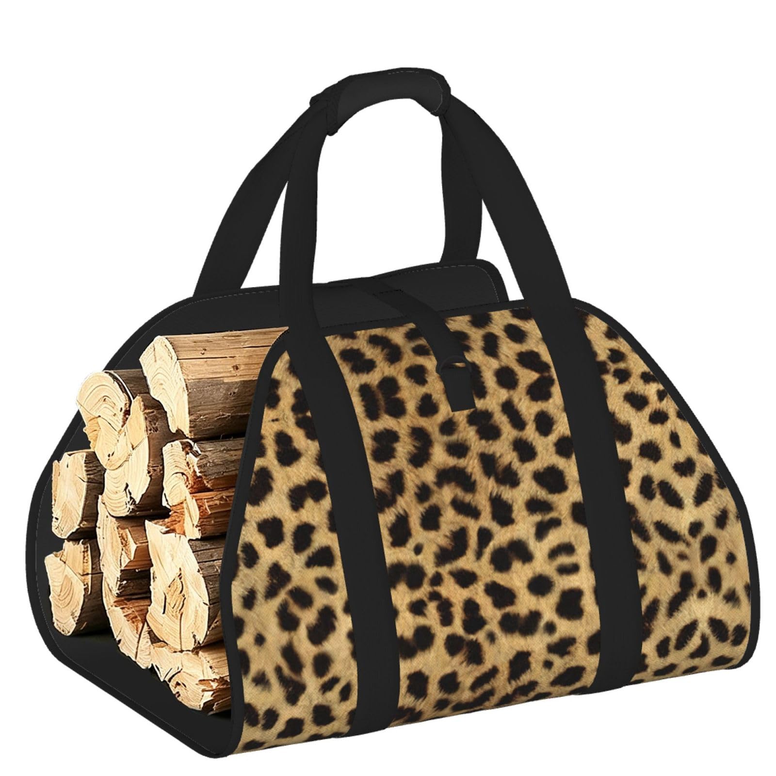 Leopard Animal print Printed Firewood Carrier Bag, Log Tote with Open-Ended Design for Camping Outdoor Wood Hauling