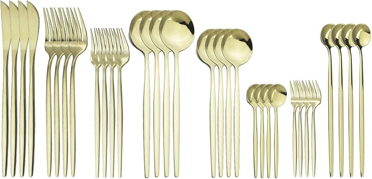 JASHII 32-Piece Silverware Set with Cake Fork Long Handle Spoon Utensils Stainless Steel Flatware Cutlery Set for 4 Fancy Eating Tableware Sets Dishwasher SafeChampagne Gold