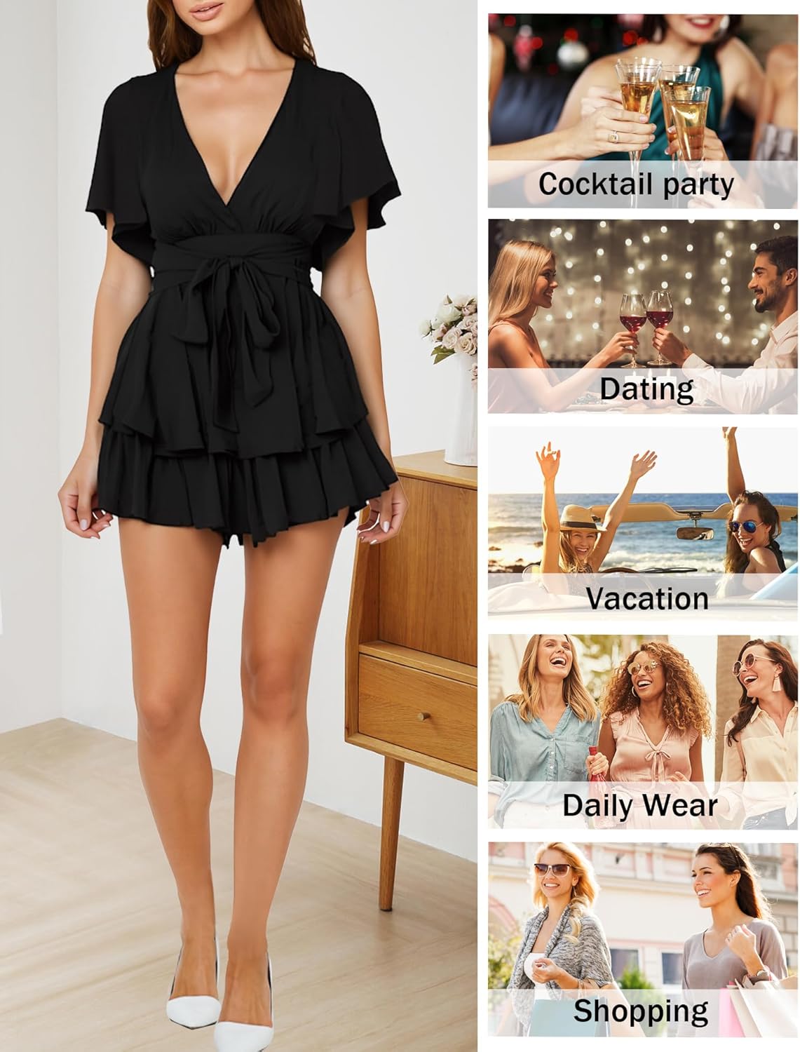 Relipop Women's Floral Rompers Jumpsuits V Neck Short Baggy Sleeve Waist Tie Double Layer Ruffle Hem Romper 2026 Trendy - Image 4