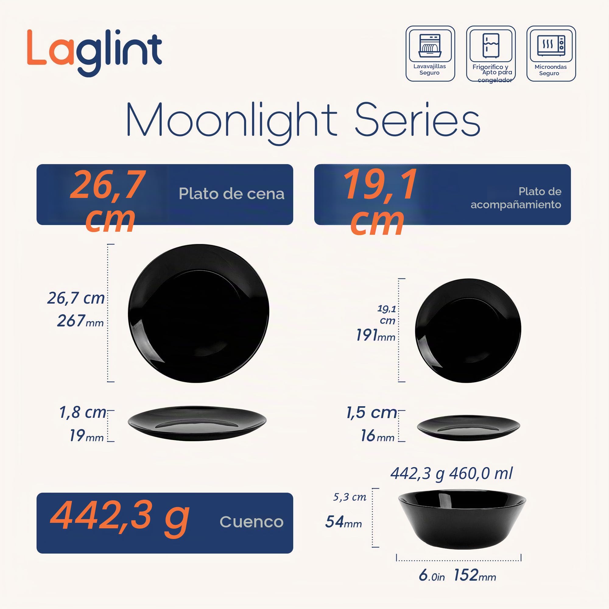 LaGlint Juego de Vajilla 18 Piezas Negro, Vidrio Opalino Vajilla para 6 Personas con 6 Platos Llanos, 6 Platos de Postre y 6 Cuencos de Cereales, Aptos para Lavavajillas y Microondas