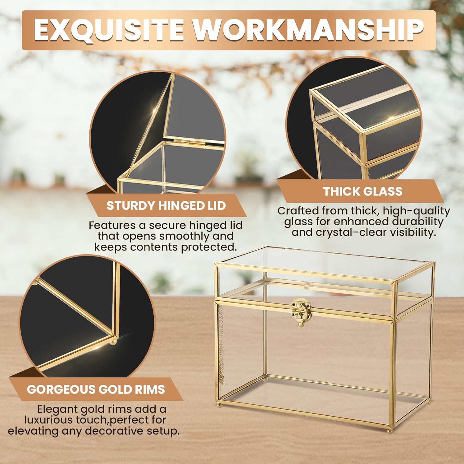Large Capacity Golden Vintage Glass Keepsake Box | Wedding Card Box Glass Jwelry Lidded Box Decorative Box for Display,Clear Rectangle Box Rings Bracelet Earring Organizer (10 x 5.7 x 7.8inch)