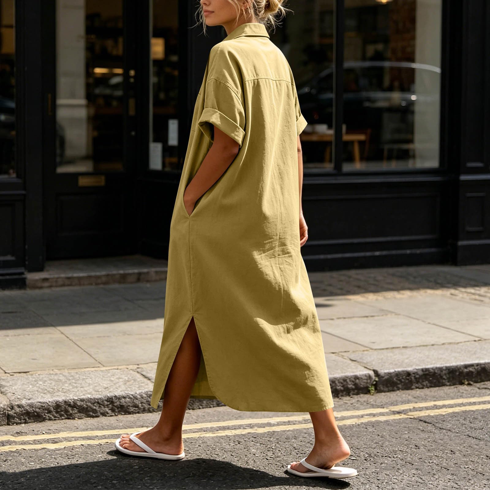 Sommerkleid Damen Lang Baumwolle Leinen Maxikleid Musselin A-Linie Casual Freizeitkleid Kurzarm Leinenkleid V-Ausschnitt Blusenkleid Leicht Luftig Shirtkleider Strandkleid Mit Taschen