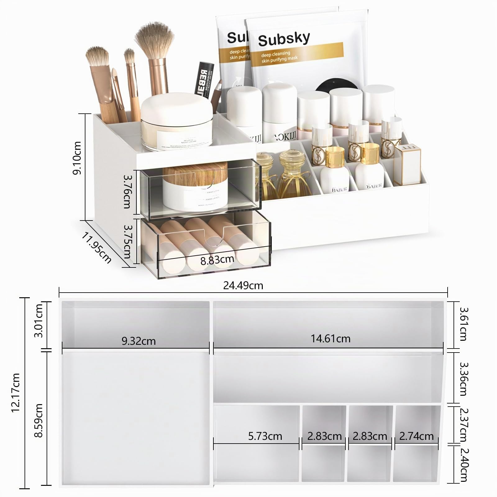 Subsky Porta Trucchi con Cassetti, Organizer per Trucco Multifunzione, Organizzatore Cosmetici da Tavolo, Scatola per Trucco con Grande Capacità per Crema, Profumo e Pennelli (Bianco)