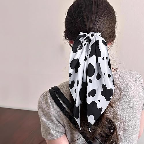 Miniatura 3 de 3 pañuelos de pelo de vaca blanco y negro para mujer, lazos anudados para el cabello, bandas elásticas de satén para coleta, accesorios de regalo de