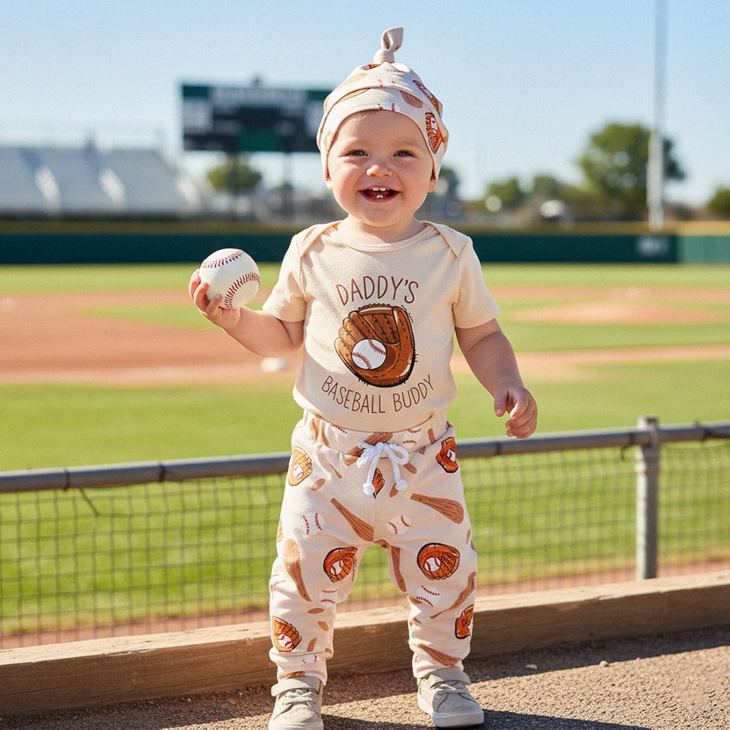 Baby Boy Baseball Outfits Short Sleeve Daddys Baseball Buddy Romper Long Pants Hat 3pcs Newborn Summer Clothes Set