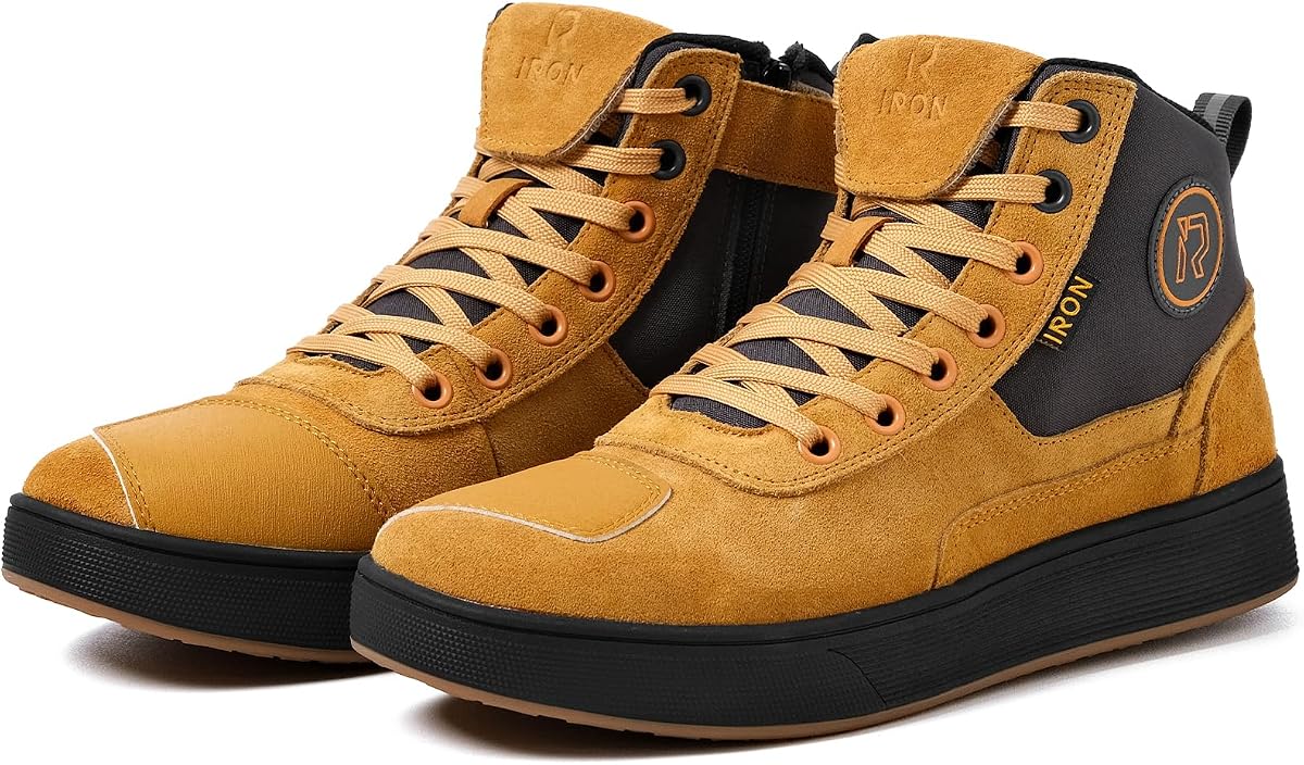 RIDEIRON Motorcycle Shoes for Men, CE Certified, Thickened Anti-Slip Sole, Breathable Casual Motorcycle Riding Boots with Ankle Support, Shift Pad (Yellow/12 Men)
