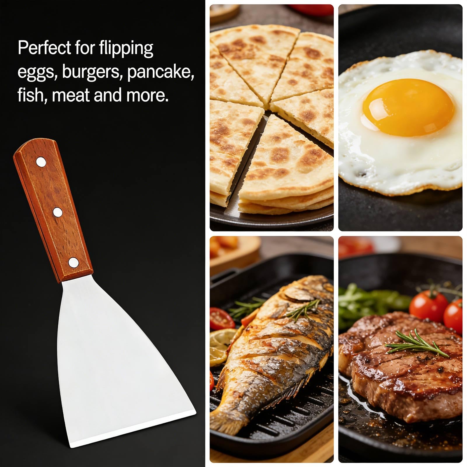 Griddle Scraper, Stainless Steel Burger Flipper, Non Stick Pizza Spatula, Heat Resistant BBQ Scraper Wooden Handle Grill Scraper for Food Service Cooking Cleaning, for Home Kitchen — view 7