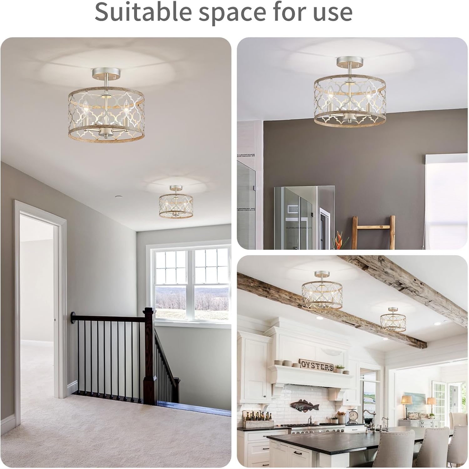 WUZUPS Chandelier 3-Light Vintage Farmhouse Semi-Flush Mount Ceiling Light Lighting Fixture for Foyer Bedroom Hallway Storage Room Kitchen Bathroom, H 9.8" x W 12.4", E12 Base, Nickel & Wood Imitaion