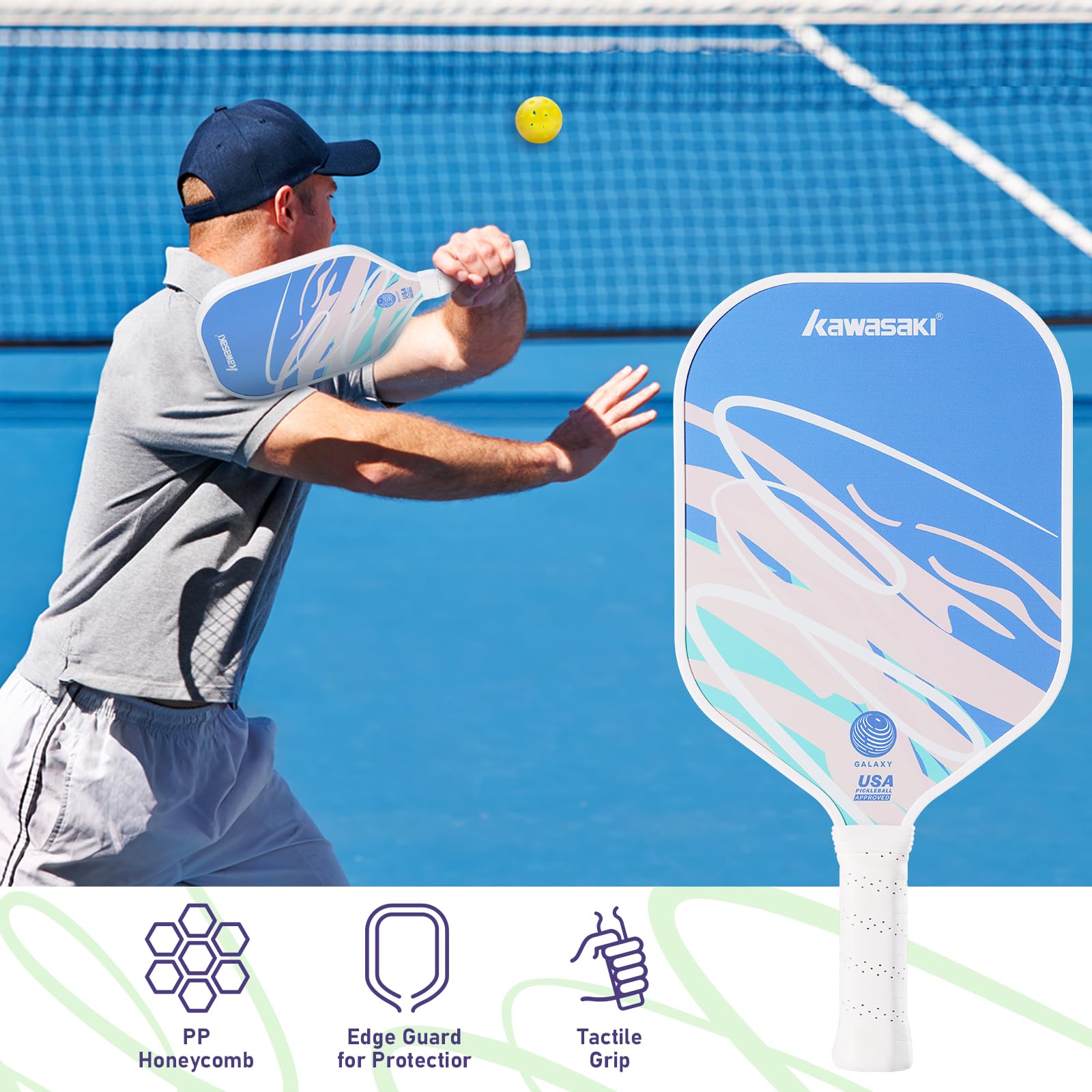 Pickleball Paddel, Kawasaki Paddle Schläger mit Ultra Leichtgewicht Fiberglas-Oberfläche, Polymer-Kern 15mm Pickle Ball Paddel für Anfänger und Freizeitspieler-Galaxy Serie