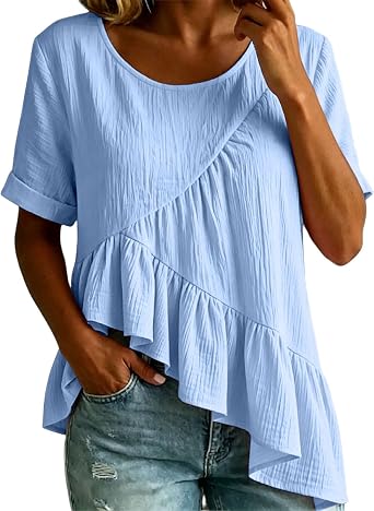 Xiaojmake Cotton Tops for Womens Short Sleeve Crew Neck Ruffle Asymmetrical Hem Blouses Casual Loose Fit Summer Tunic Shirts