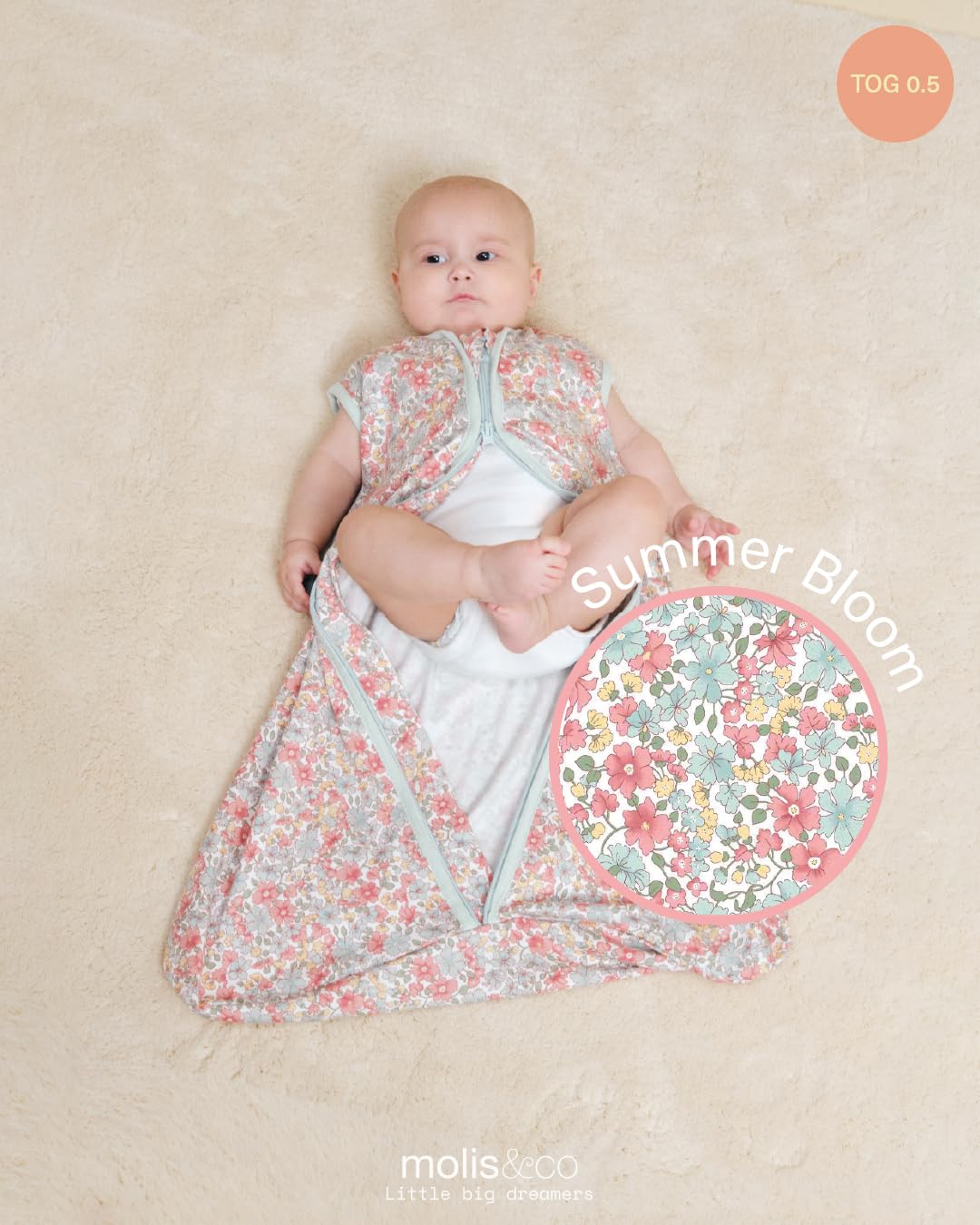 molis&co - Baby Schlafsack 0.5 TOG - Ideal für den Sommer - 100% Baumwolle (Oeko-TEX 100) - 0-6 Monat (70 cm) - Summer Bloom