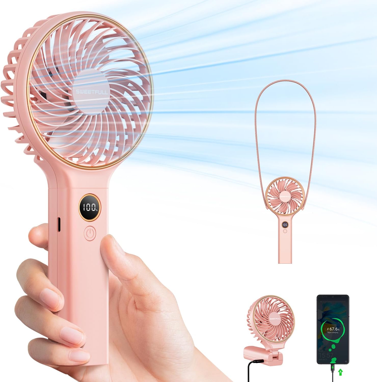SWEETFULL Handheld Fan, Portable Fan, 5000mAh Rechargeable