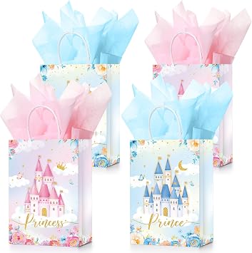 Nezyo 16 Pcs Princess Prince Party Favor Bags with Handles & Tissue Paper Prince Princess Candy Treat Goodie Gift Bags for Birthday Baby Shower Party FavorsPink and Blue Castle