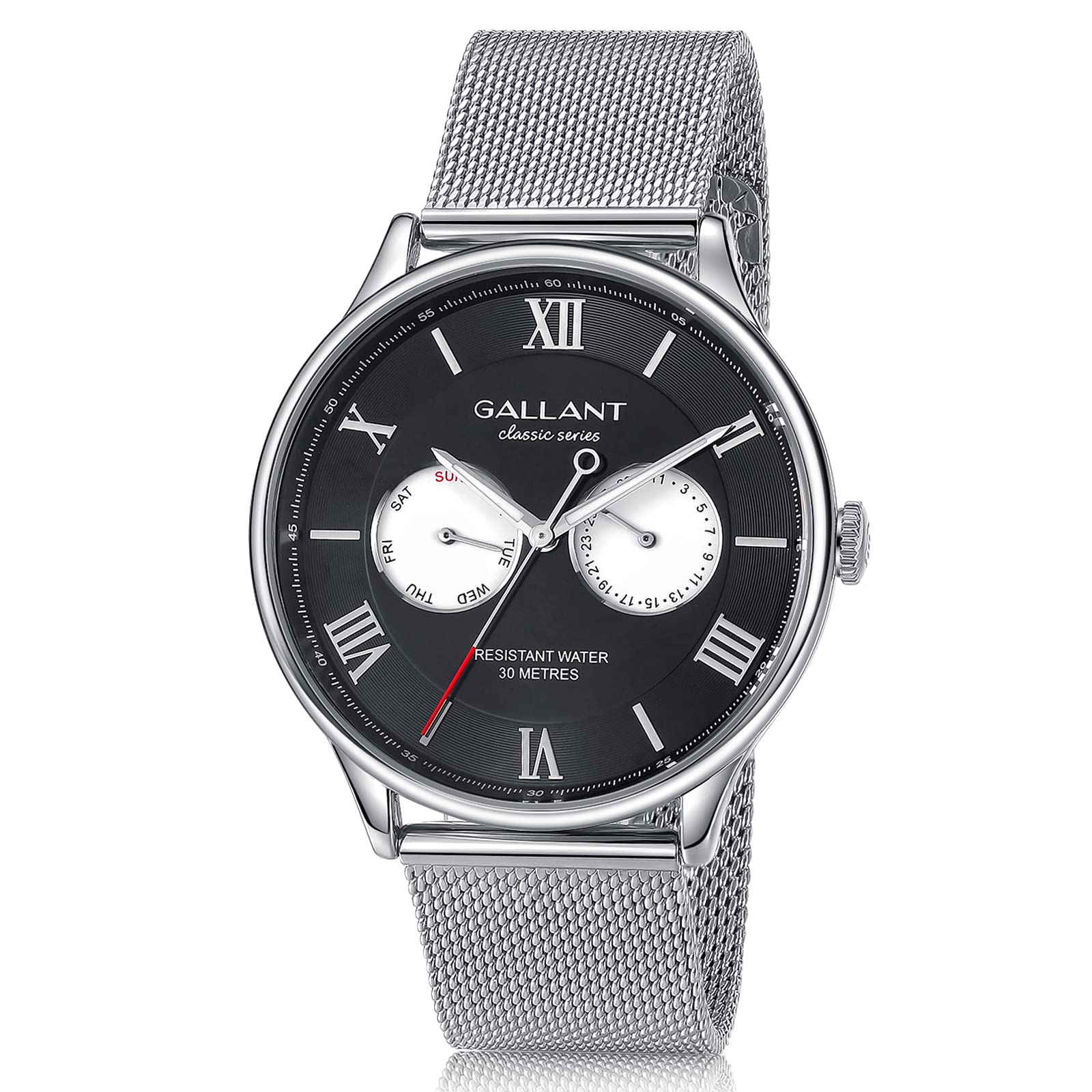 Mens Watch Silver Watch Meca-Quartz Calendar Wrist Watch for Men Waterproof with Stainless Steel Mesh Strap Multi-Eye Dial Luminous Classic Luxury Dress Men's Watch