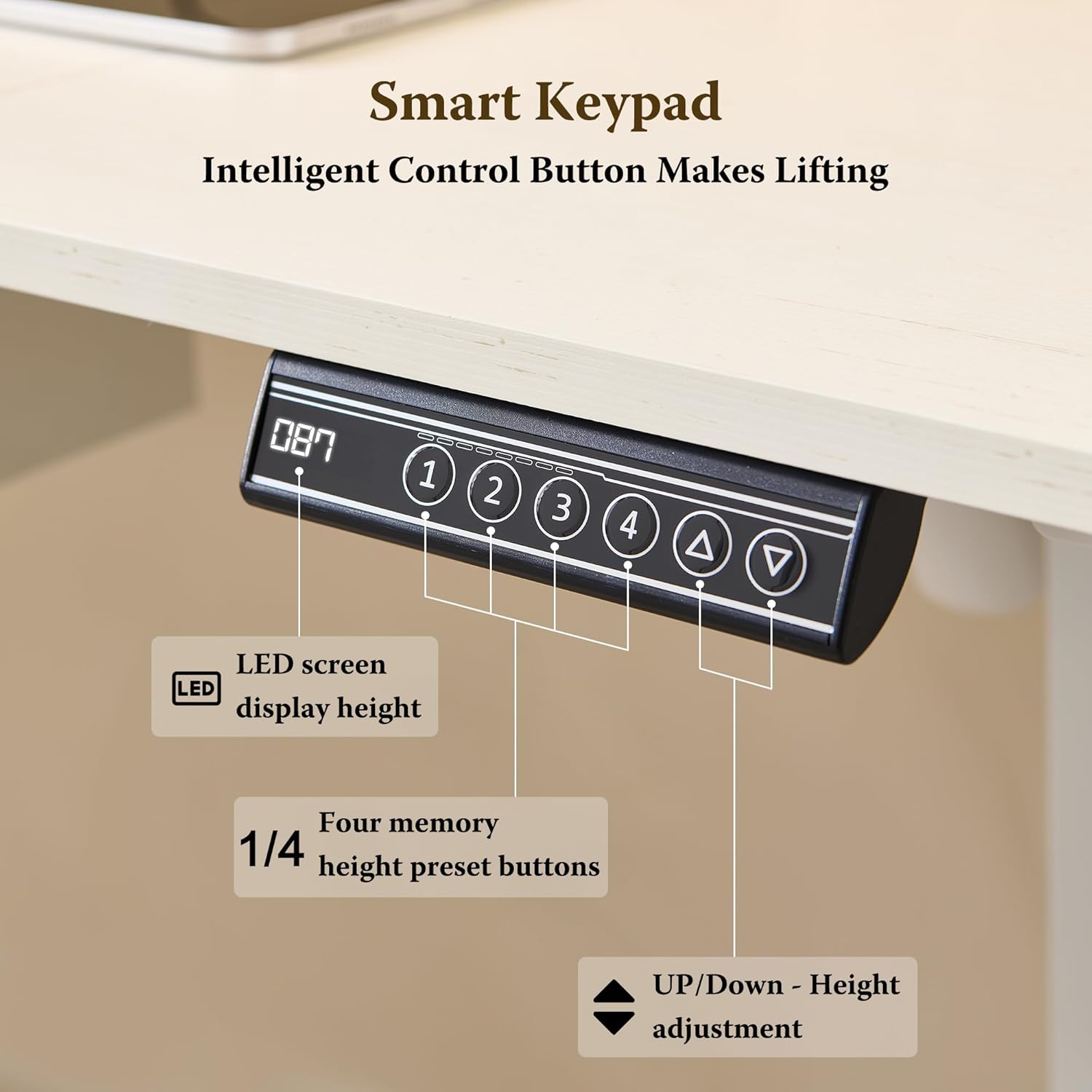 Close-up of the RedLemon desk's smart keypad control panel with an LED screen displaying height and buttons for memory presets and up/down adjustment.