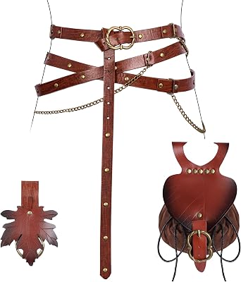 3PCS Medieva Adjustable Faux Leather Metal Chain Belt Set DIY, With leaf purse and skirt hike Clips, For Ren Faire