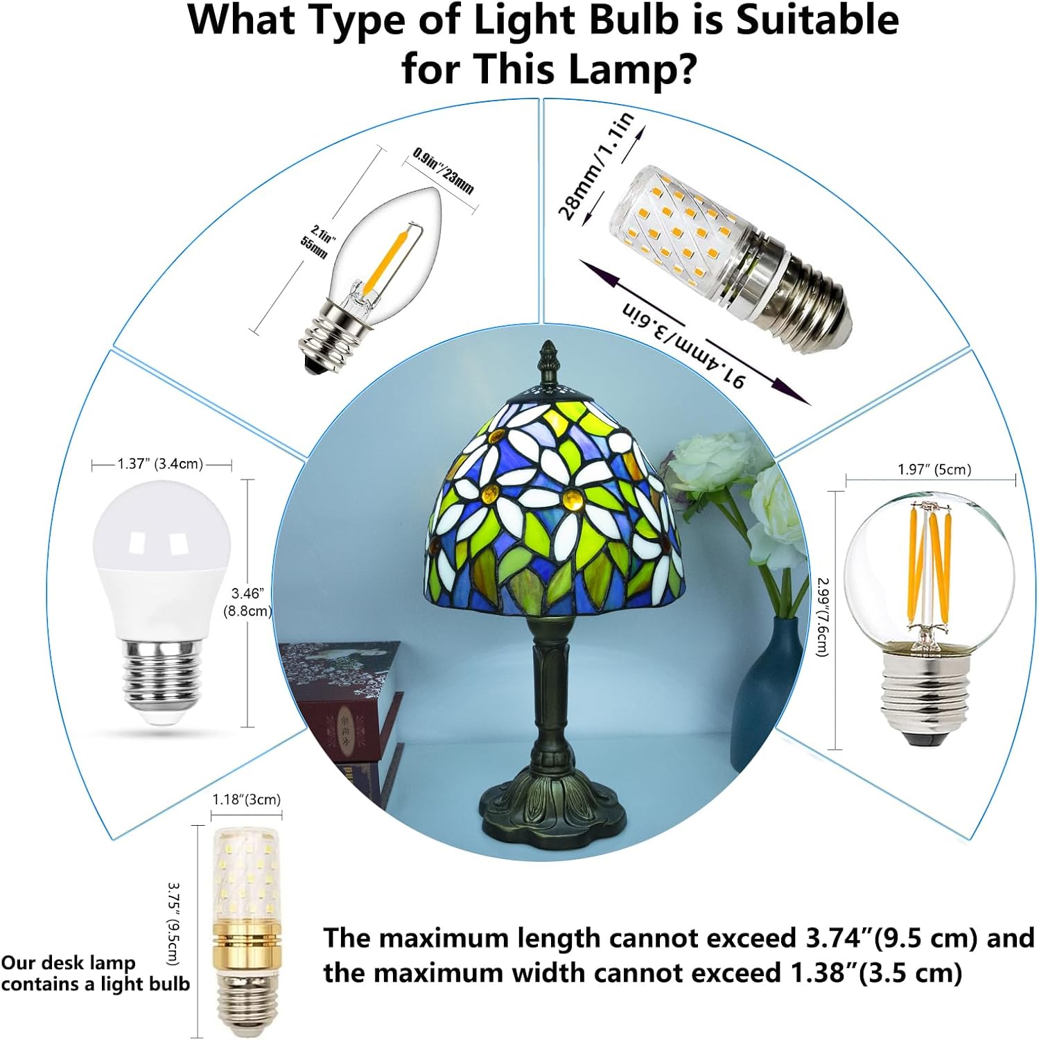 Tiffany Style Table Lamp, 3 Color Temperatures Bedside Lamp, 8 Inch Stained Glass Desk Light for Home Office Bedroom Living Room (White Petal Pattern)