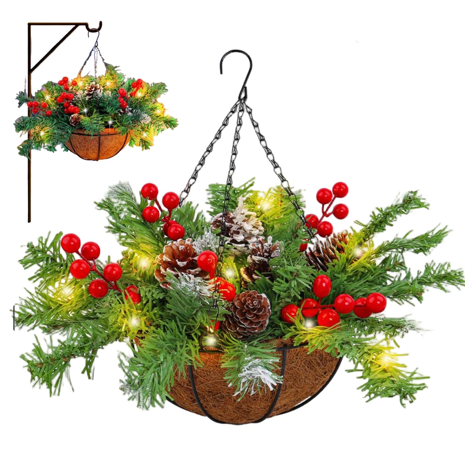 Panier suspendu de Noël déco extérieure avec plantes artificielles et pommes de pin