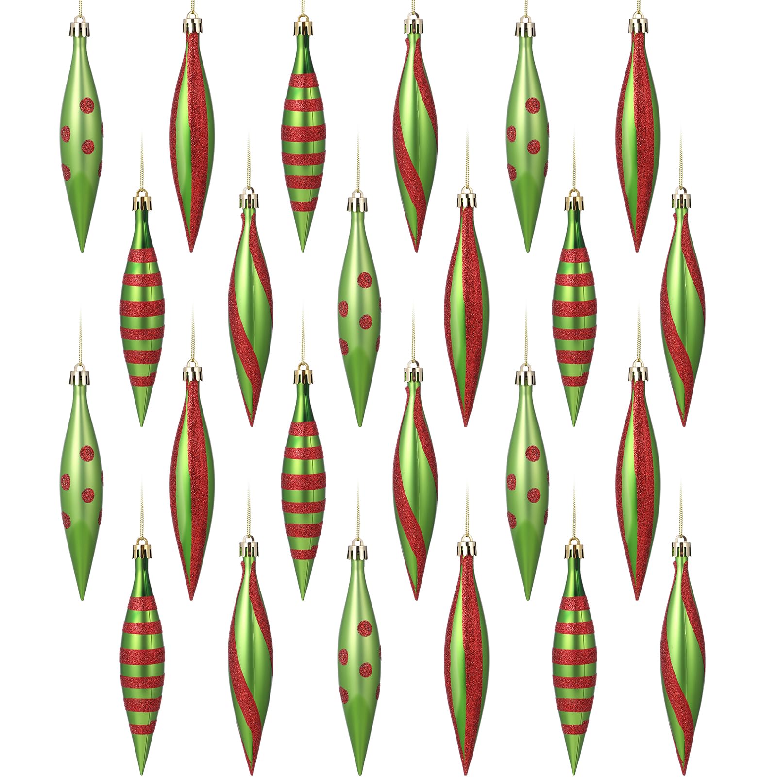 Sumind 24 Piezas Adornos de Gota Navideña Bolas para Árbol de Navidad, 16 x 3 cm, Colgantes de Plástico Brillantes de Menta para Decorar el Árbol de Navidad(Lindo,Rojo, Verde, Brillante)