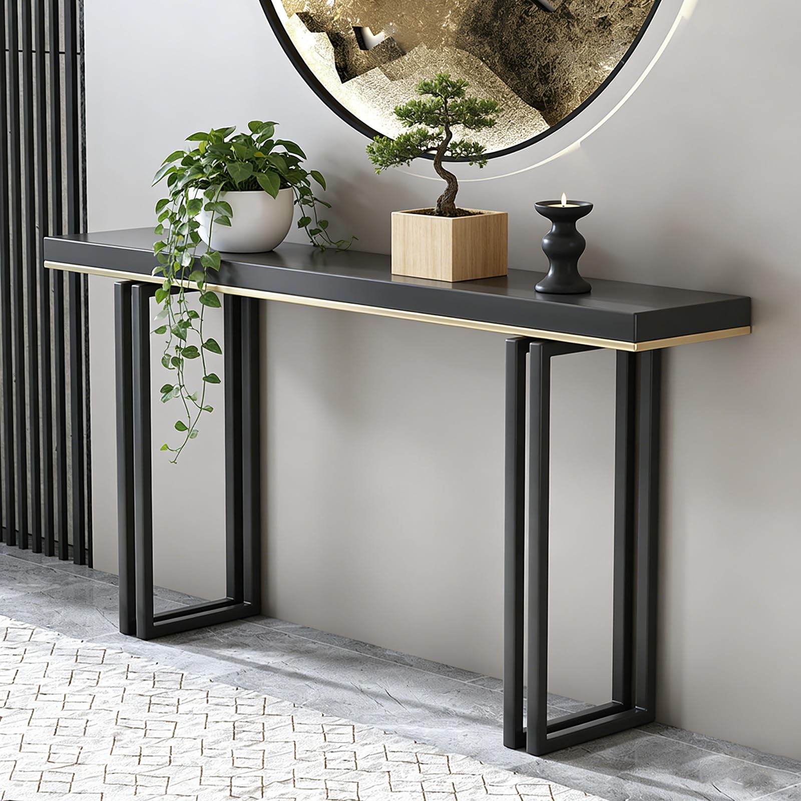 Mesa consola estrecha para entrada pasillo y sala de estar con patas de metal negras