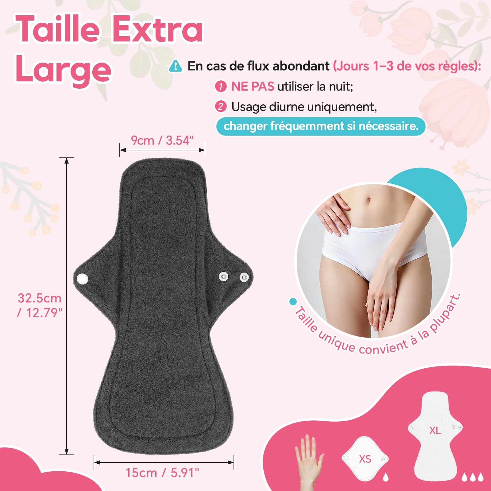 Lot de 4 serviettes hygiéniques lavables pour la nuit - Serviettes menstruelles réutilisables avec couche absorbante en charbon de bambou - Pour la nuit avec queue ondulée