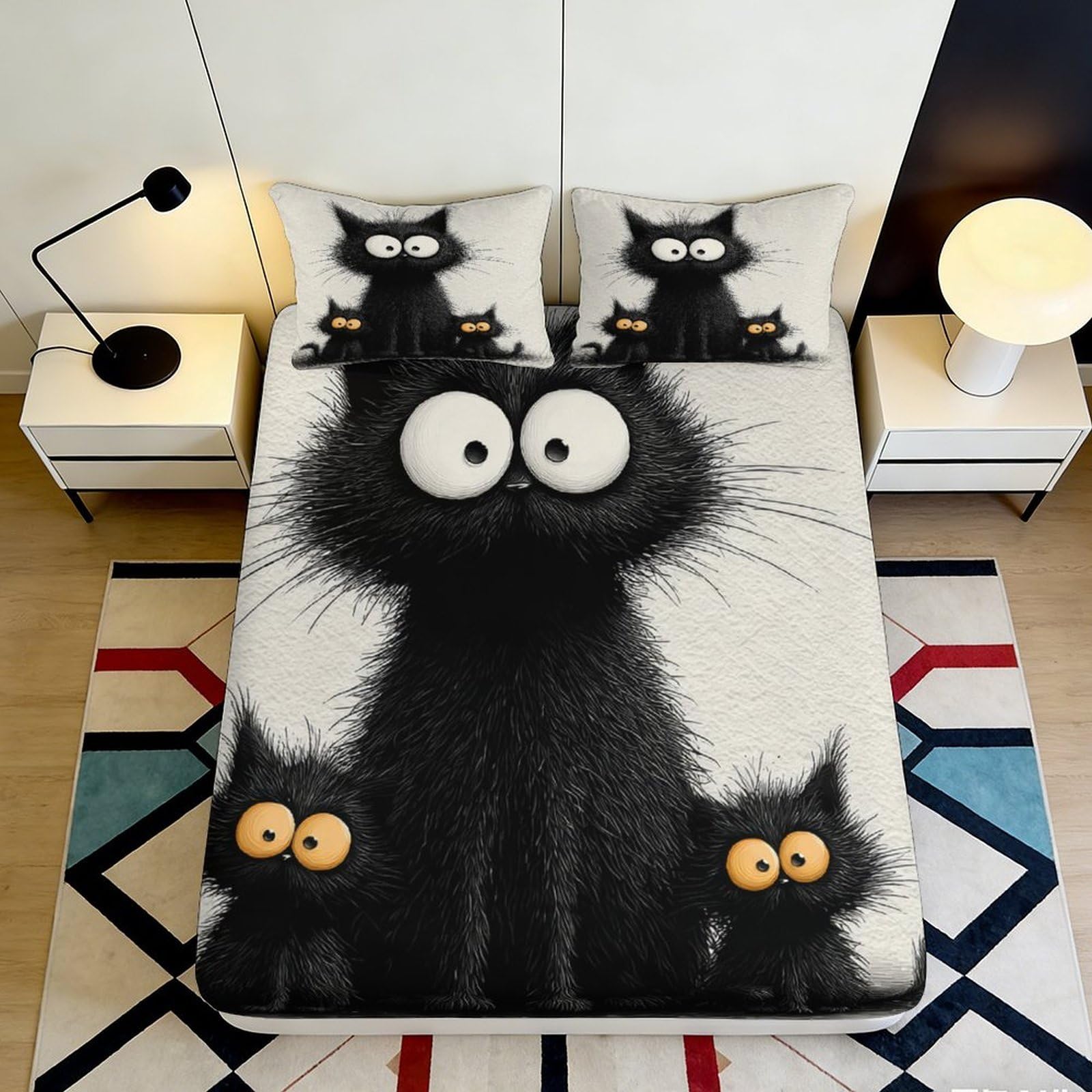 3D Printed Funny Black Cat Fitted Sheet Microfiber Soft Bedroom Decor Cute Cartoon Cat Mattress Cover for Adults Youth 200x200x25cm