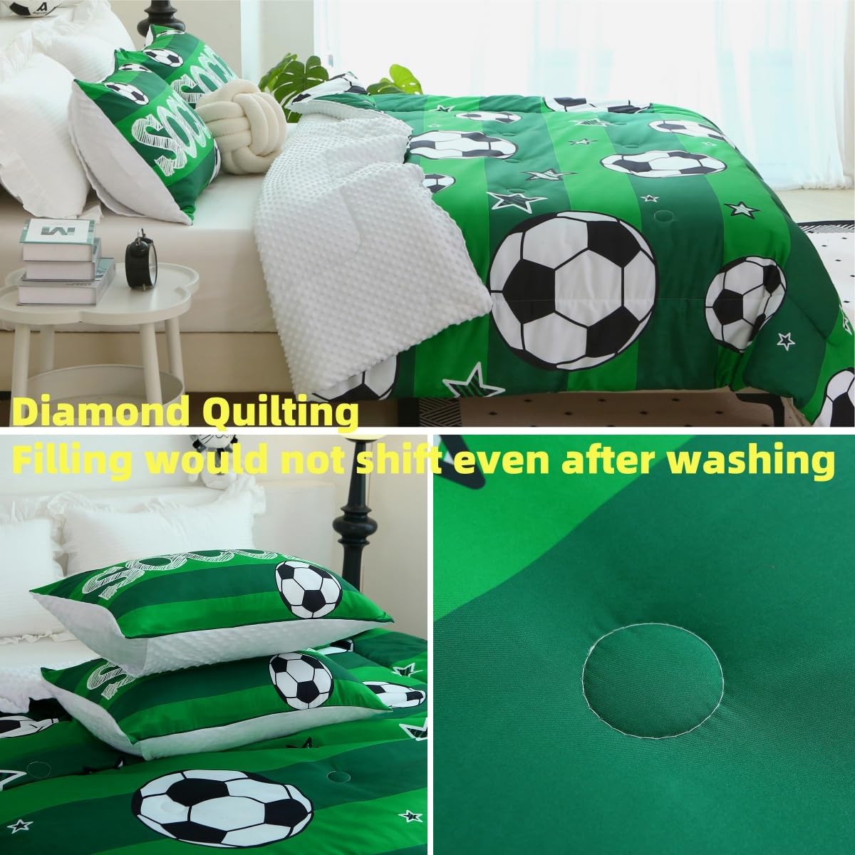 Boys Soccer 3 Piece Comforter Set with 2 Pillowcases Twin Size Bed 3D Football Playground Sports Bedding Set for Kids Microfiber Comforter All Season Green - Image 5