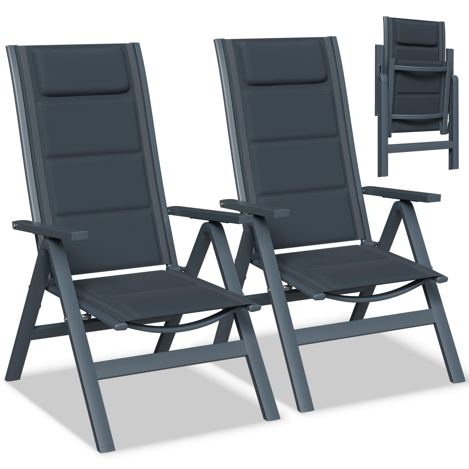 Devoko Gartenstühle Klappbar Aluminium Metall, Gartenstuhl Hochlehner, 7-Fach verstellbar, Polster Balkonstühle 2er Set, Mit Schaumstoff Sitzkissen und Rückenlehne, Maximale Belastbarkeit 160 kg.