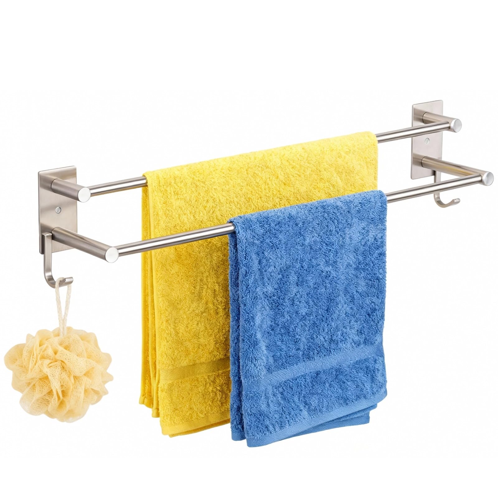 Double Rod Towel Rack with Hooks, 15.7 inStainless Steel Wall Mounted Towel Rail, Rustproof Heavy Duty Space Saving Towel Rack Bar for Bathroom Kitchen Shower