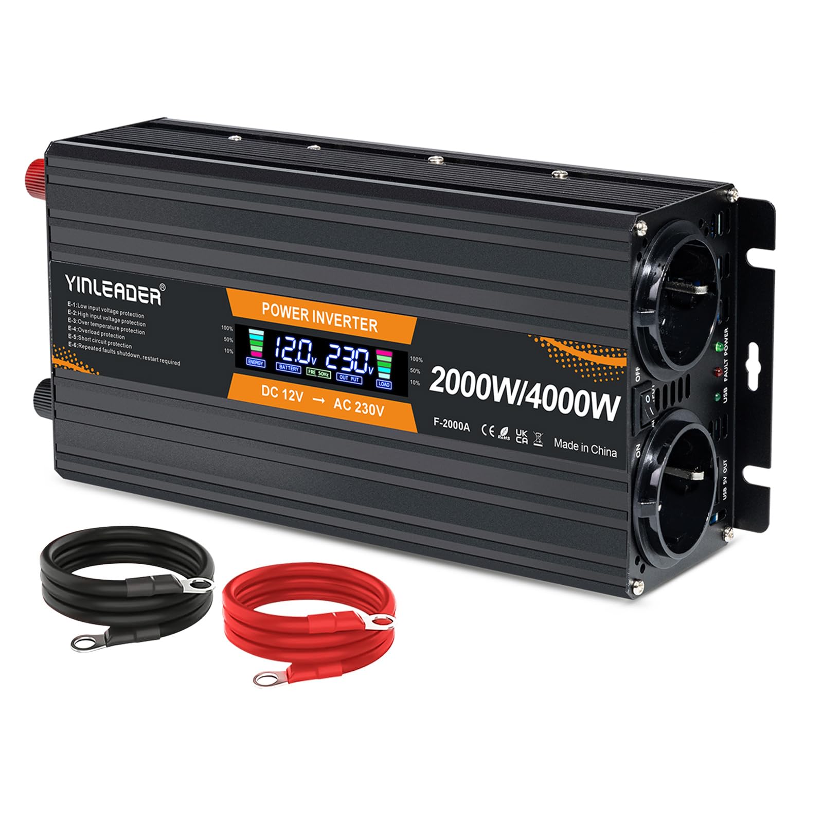 Yinleader - Convertidor de potencia (12 V, 220 V, 2000 W, 2000 W, convertidor de potencia, pantalla LCD, 2 tomas de CA para panel solar, coche VR
