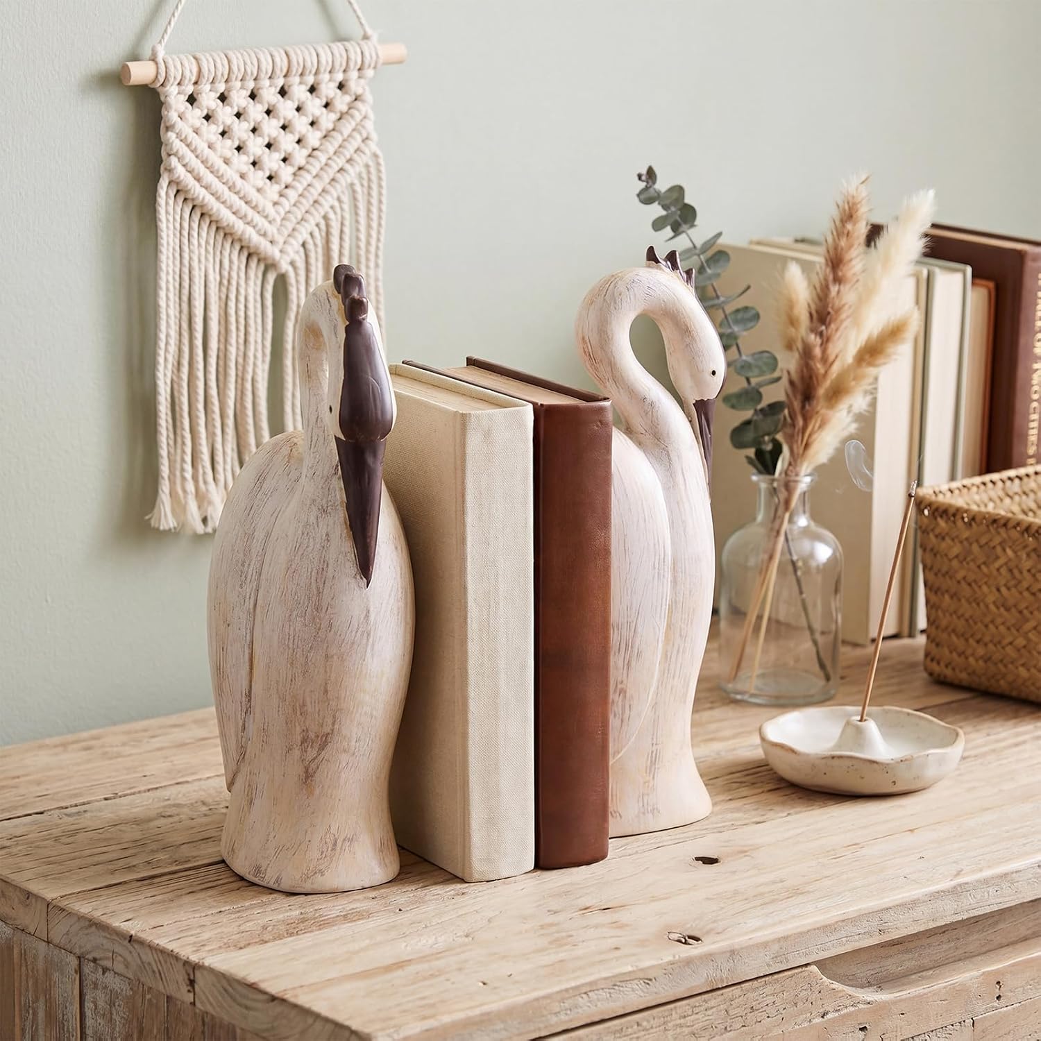 Xuhal 2 Pcs Heron Heavy Duty Book Ends for Shelves, Resin Decorative Bookends for Heavy Books, Non-Slip Book Stopper for Desk Home Office Boho French Coastal Farmhouse Decor