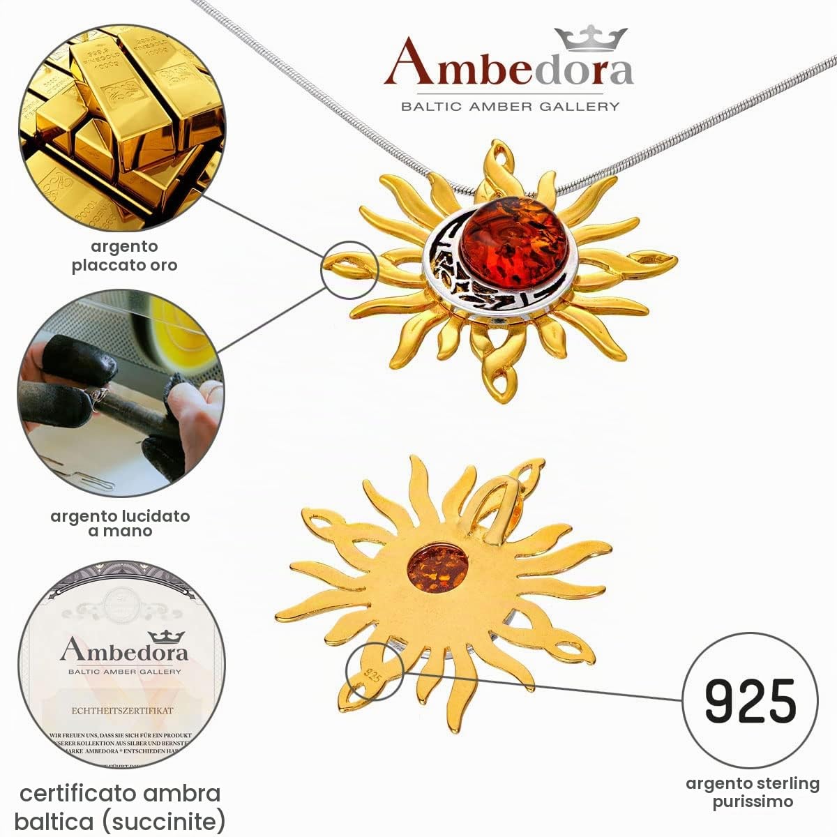 Collana da donna in argento sterling placcato oro 14 k, ambra baltica rotonda, sole celtico e luna ciondolo a catena a serpente, Argento sterling, Ambra