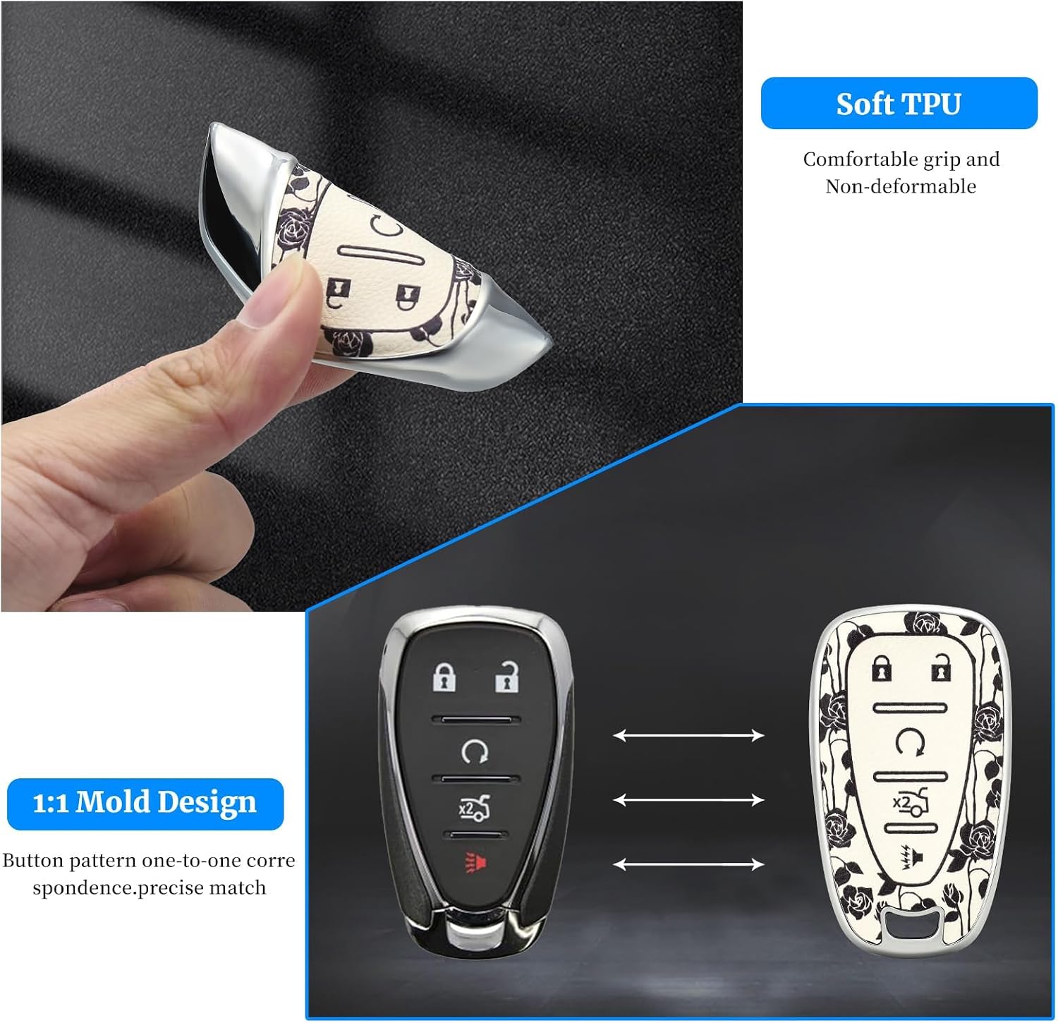 EnerCharge TPU and Leather Key Fob Cover , Car Accessories, for Malibu Cruze Traverse Spark Sonic Encore Trax Suburban Yukon Denali 5-Buttons (White Rose)