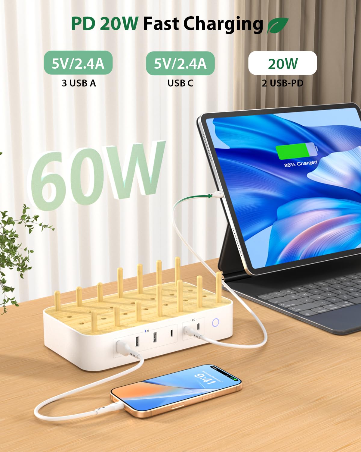 Stazione di Ricarica Bamboo da 60W per Più Dispositivi Con 3 Prese CA, 3 USB-C, 3 USB-A, Cavo di Alimentazione da 2m per IPhone, IPad, Tablet (6 Cavi Misti), Bianco